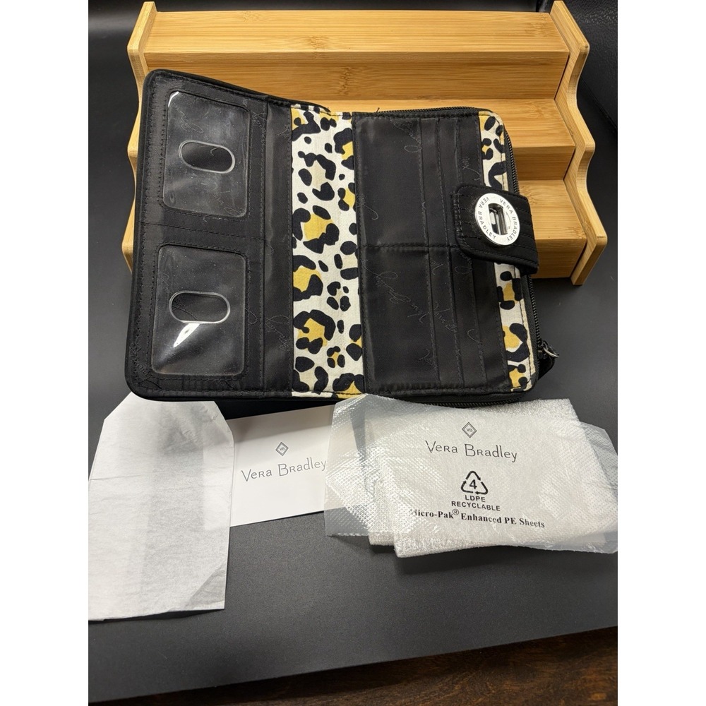 Vera Bradley Black Leopard RFID Quilted Turnlock Wallet - Picture 2 of 9